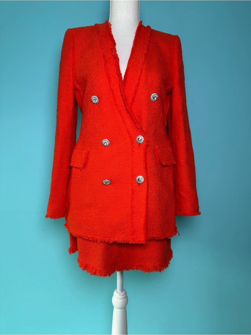 Zara Women's Orange-Red Bouclé Double-Breasted Blazer & Skirt Set